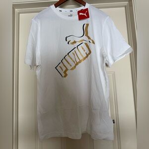 Puma Men's White and Gold Logo Tee